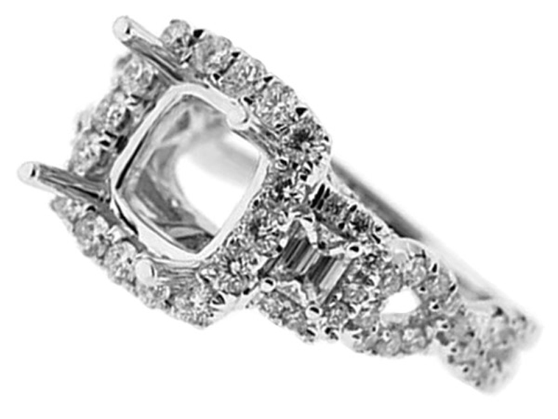3 Stone Look Square Halo Twist Shank Diamond Semi Mount Engagement Ring 14kt White Gold