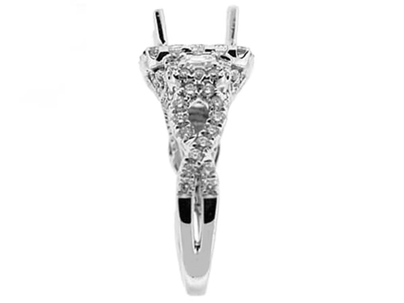 3 Stone Look Square Halo Twist Shank Diamond Semi Mount Engagement Ring 14kt White Gold