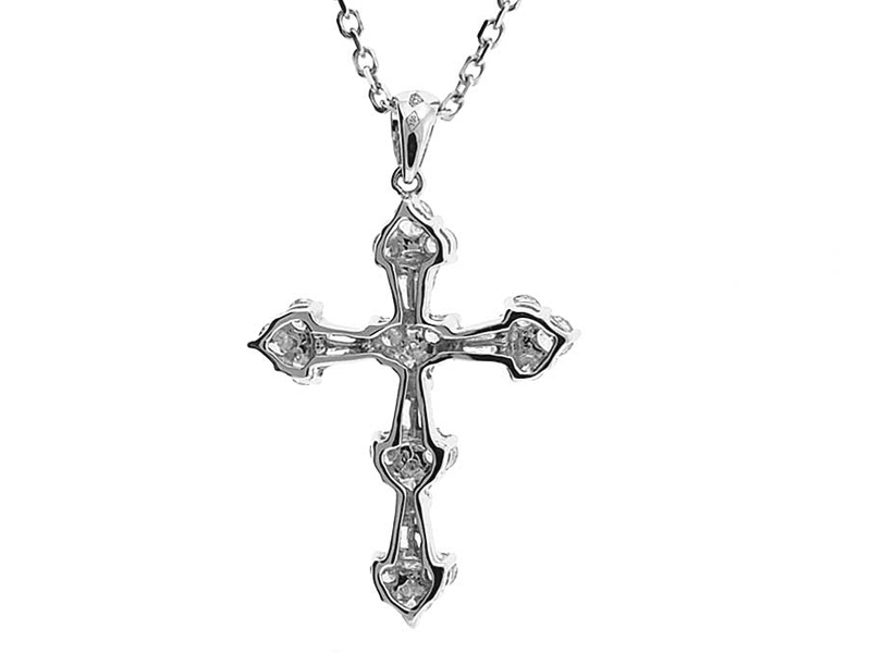 Cross Pendant with Paired Diamond Rounds Connects by Diamond Baguettes in 18k White Gold