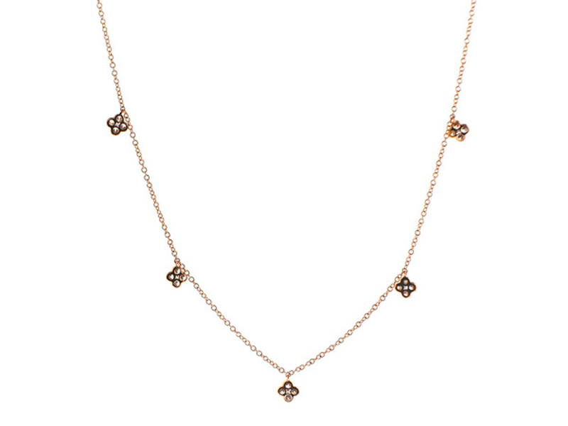 Necklace with Round and Princess Cut Diamonds in Clover Designs Set in 18k Rose Gold