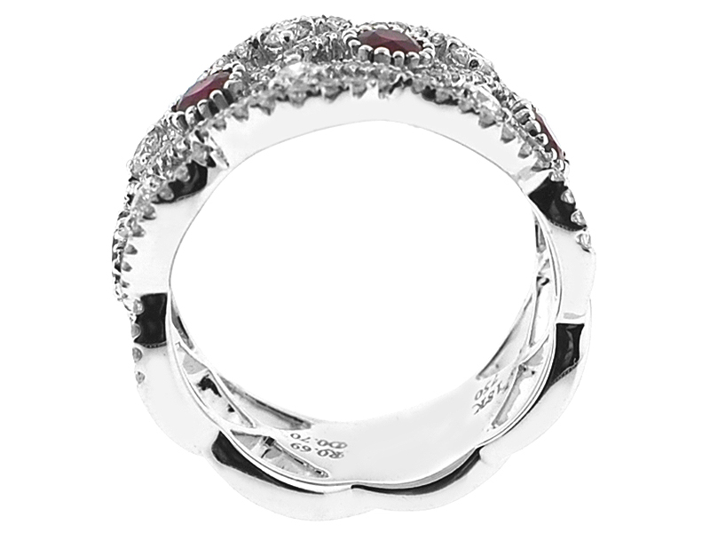 Right Hand Fashion Ring with Rubies Surrounded by Beaded Milgrain and Diamond Rounds in 18K White Gold