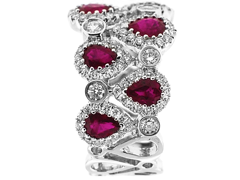 Right Hand Fashion Ring with Pear Shaped Rubies and Bezel Set Diamond Rounds in 18K White Gold