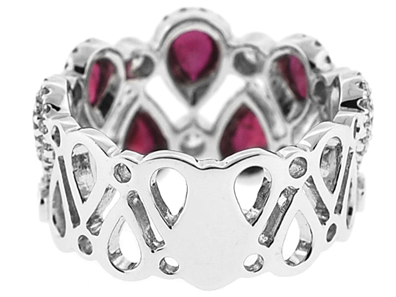 Right Hand Fashion Ring with Pear Shaped Rubies and Bezel Set Diamond Rounds in 18K White Gold