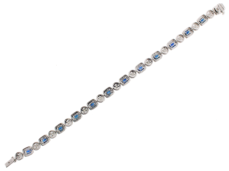 Sapphire Tennis Bracelet with Halos of Diamonds in 18k White Gold