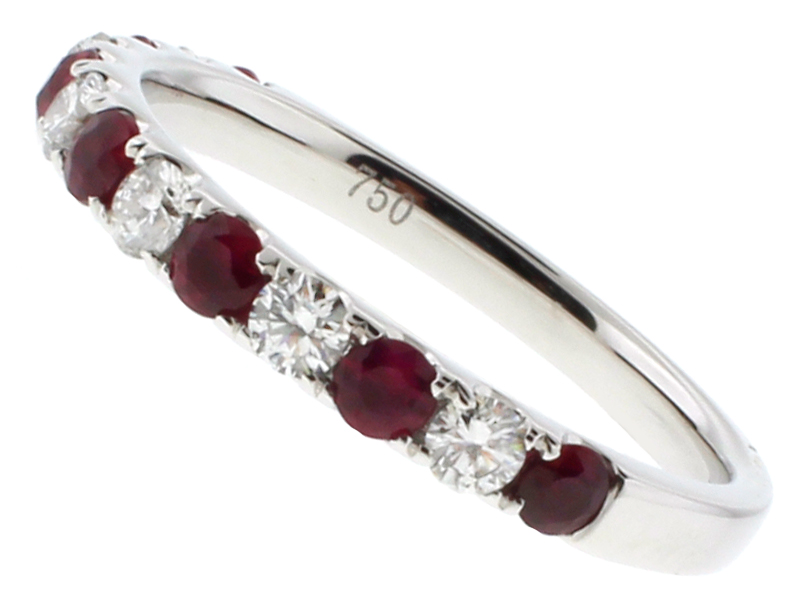 Alternating Ruby and Diamond Single Row Ladies Ring 2.5 mm Wide in 18kt White Gold