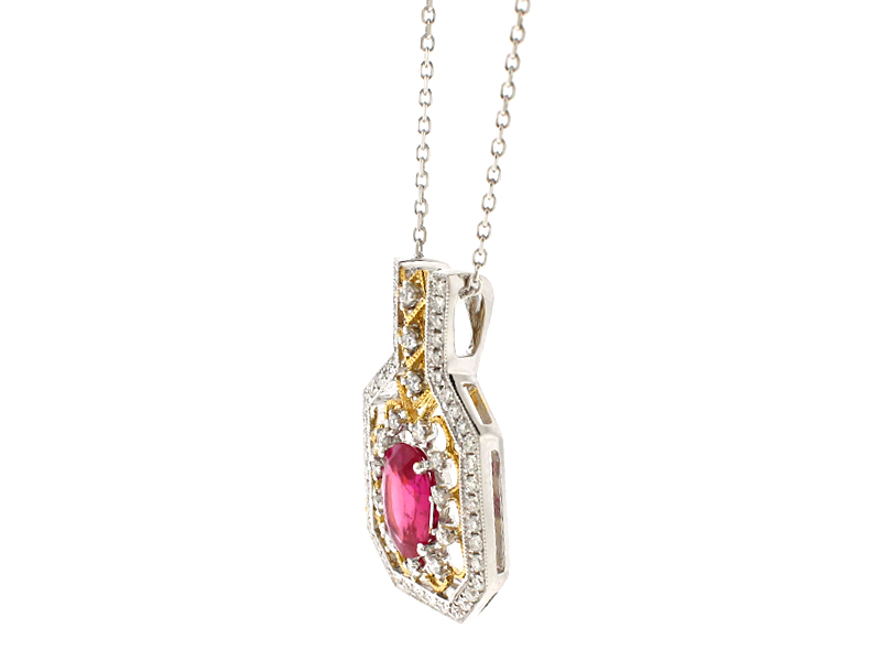 Ruby Two Tone Filigree Pendant with Diamonds in 18k White and Yellow Gold
