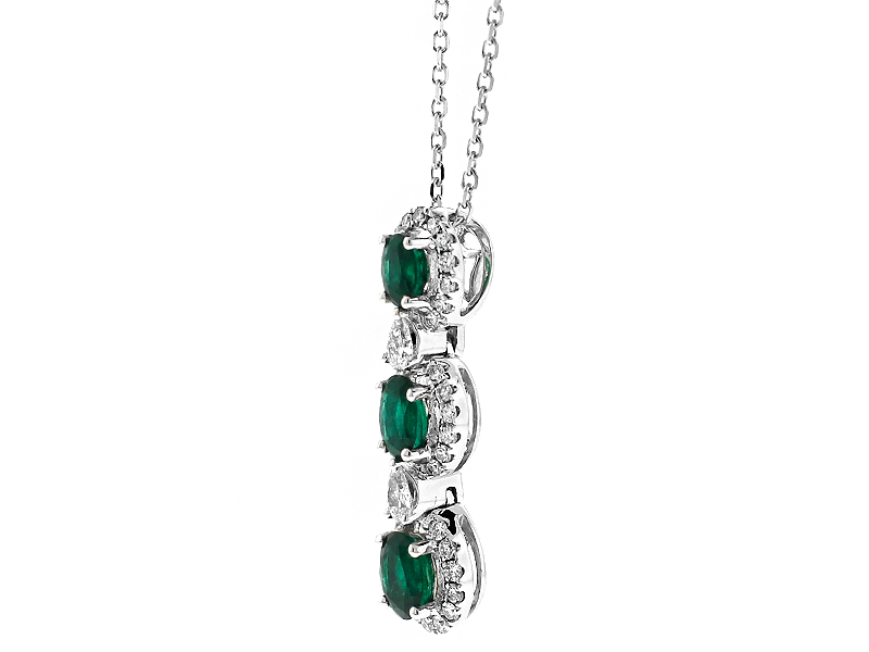 Three Tier Emerald Pendant with Halos of Diamonds in 18k White Gold