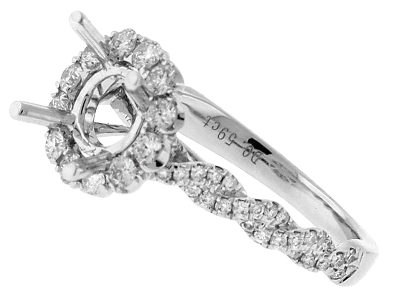 Semi Mount Round Halo Twist Style Engagement Ring with Diamonds in 18k White Gold