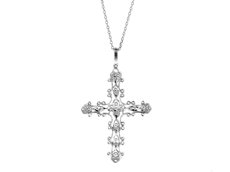 Intricate Filigree Cross Pendant with Diamonds in 18k White Gold