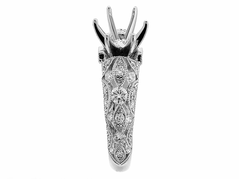 Semi Mount Milgrain Engraved Openwork Engagement Ring with Diamonds in 18k White Gold