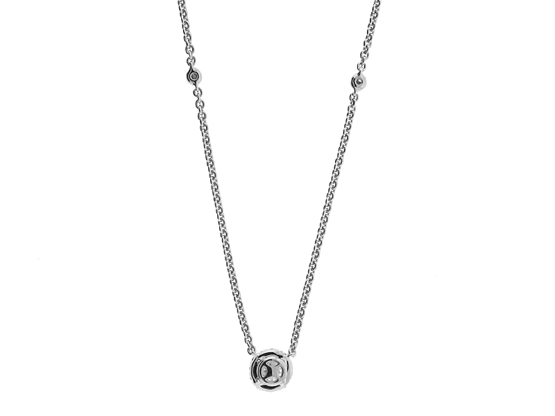 Diamond Solitaire Necklace with Halo and Diamonds on Chain in 18kt White Gold