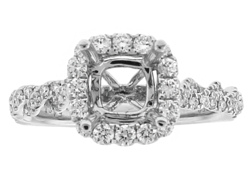 Semi Mount Twist Style Square Halo Engagement Ring with Diamonds in 18k White Gold