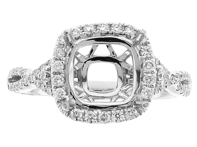 Semi Mount Square Halo Twist Shank Engagement Ring with Diamonds in 18k White Gold