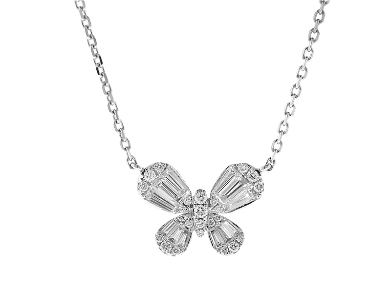 Butterfly Necklace with Round and Baguette Diamonds in 18k White Gold