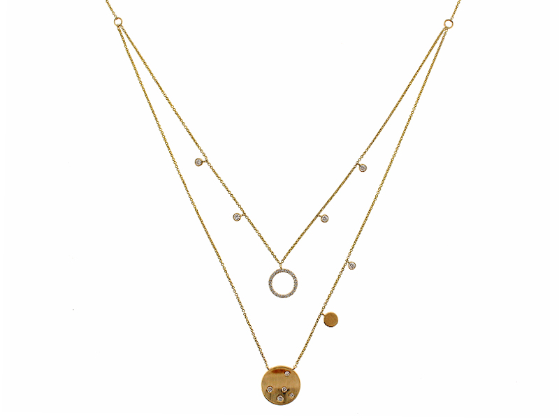Double Layer Necklace with Burnish, Bezel, and Prong Set Diamonds in 14k Yellow Gold