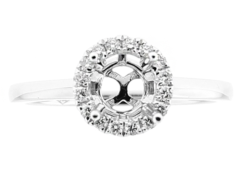Semi-Mount Solitaire Style Engagement Ring with Halo of Diamonds in 18k White Gold
