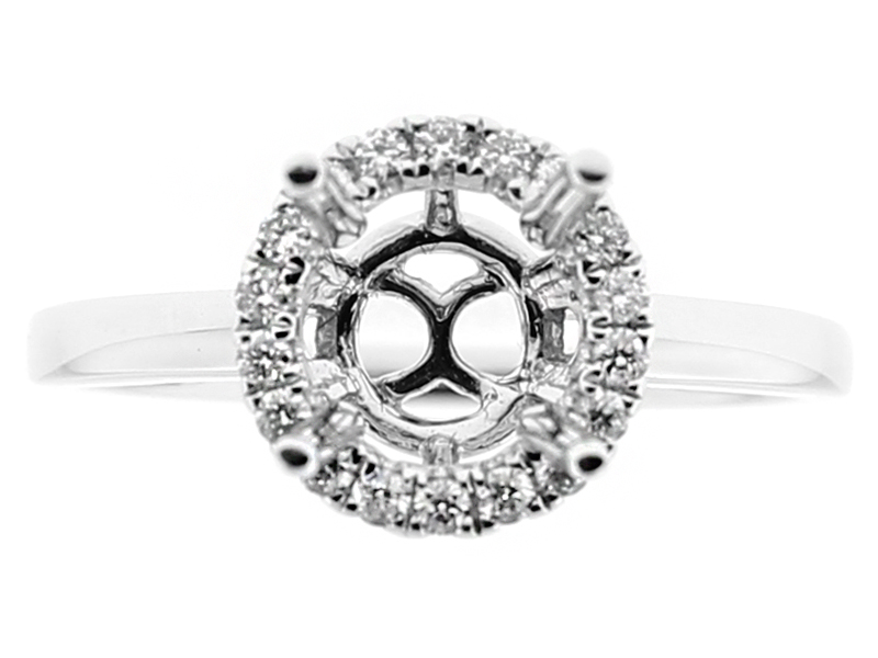 Semi-Mount Solitaire Style Engagement Ring with Round Halo of Diamonds in 18k White Gold