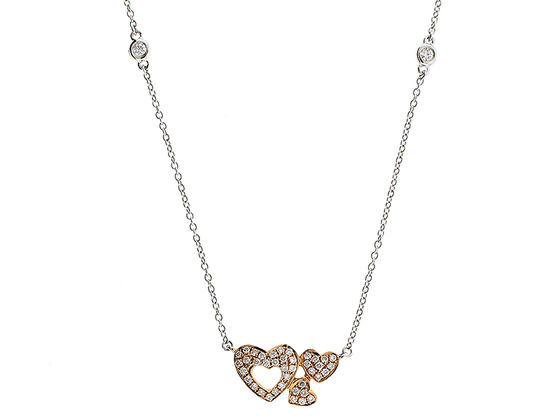 Two Tone Triple Heart Pendant with Diamonds in 18k Rose Gold and White Gold
