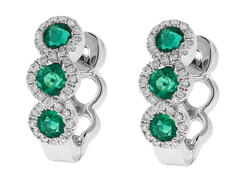Three Tier Emerald Huggie Earrings with Crossover Halos of Diamonds in 18k White Gold