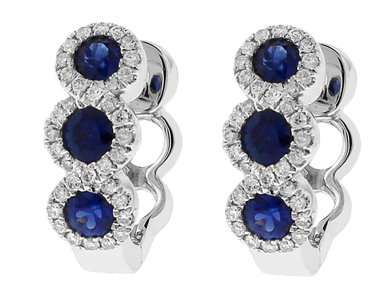 Three Tier Sapphire Huggie Earrings with Crossover Halos of Diamonds in 18k White Gold