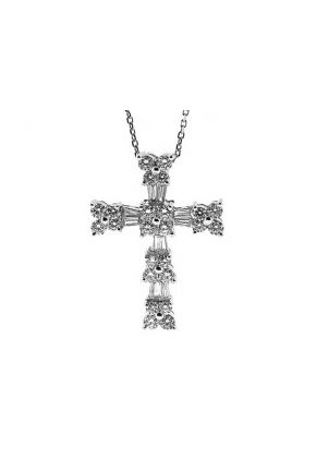 Cross Pendants with Diamond Rounds Connected by Diamond Baguettes Set in 18k White Gold