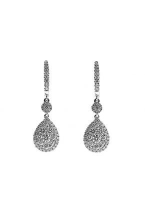 Drop Dangling Earrings with Halo Design and Round Diamonds in 18k White Gold