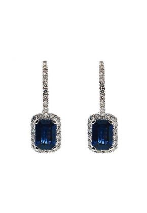 Dangling Sapphire Earrings with Diamond Halo in 18K White Gold