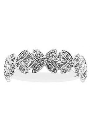 Beaded Milgrain Engraved Band with Round and Princess Cut Diamonds Set in 18k White Gold