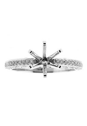 6 Prong Semi-Mount Engagement Ring with Triangular Design Side Profile and Round Diamonds Set in 18k White Gold