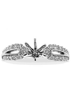 6 Prong Semi-Mount Rounded Split Shank Engagement Ring with Beaded Milgrain and Round Diamonds Set in 18k White Gold