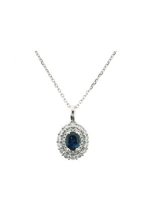 Double Halo Style Solitaire Sapphire Pendant with Diamond Rounds Set in 18K White Gold