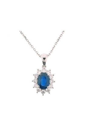 Solitaire Sapphire Oval Pendant Surrounded with Diamond Rounds Set in 18K White Gold