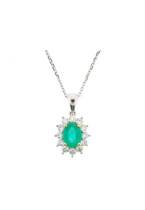 Solitaire Oval Emerald Pendant Surrounded by Diamond Rounds Set in 18K White Gold with Yellow Gold Prongs