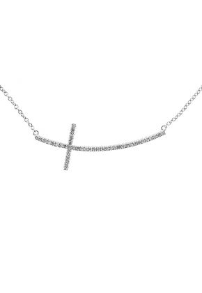 Sideways Cross Necklace with Diamond Rounds in 14K White Gold