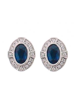 Oval Sapphire Post Back Stud Earrings with Diamond Rounds and Beaded Milgrain in 18K White Gold