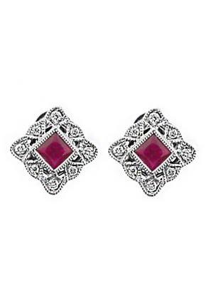 Vintage Inspired Ruby Post Back Stud Earrings with Diamond Rounds and Beaded Milgrain in 18K White Gold