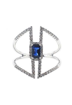 Single Halo Statement Ring with Sapphire Center and Diamond Rounds Set in 18K White Gold