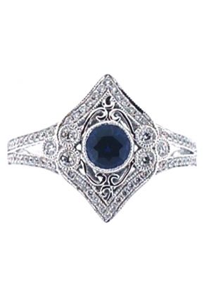 Vintage Inspired Bezel Set Sapphire and Diamond Split Shank Ring with Beaded Milgrain and Filigree Detail in 18K White Gold