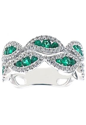 Wavy Right Hand Fashion Ring with Channel Set Emeralds Surrounded by Diamond Rounds in 18K White Gold