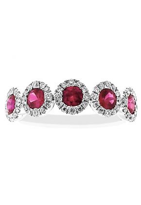 5 Stone Ruby Ring with Diamond Halos on Each in 18K White Gold