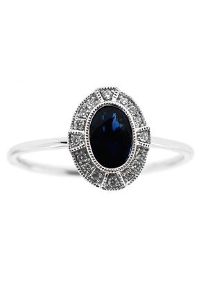 Vintage Inspired Oval Sapphire Ring with Diamond Rounds and Beaded Milgrain in 18K White Gold