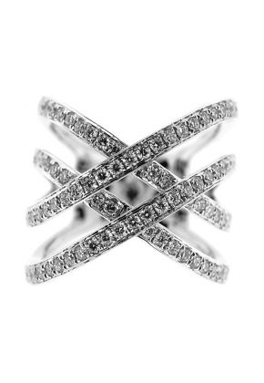Crossover Style Statement Ring with Two Overlapping Rows of Diamonds Set in 18K White Gold