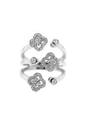 Bypass Statement Ring with Clover Design and Bezel Set Diamond Rounds in 14K White Gold