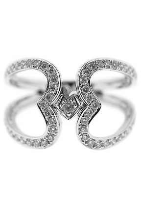 Double Heart Bypass Style Ring Connected by Single Diamond Center in 18K White Gold