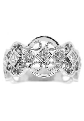 Right Hand Fashion Ring with Bezel Set Round and Princess Cut Diamonds Surrounded by Beaded Milgrain and Delicate Filigree Design in 18K White Gold