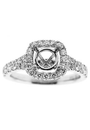 Semi-Mount Square Halo Engagement Ring with Double Row of Diamonds Set in 18k White Gold