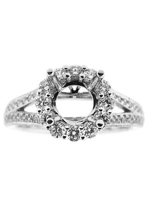 Semi Mount Split Shank Halo Engagement Ring with Diamonds Set in 18k White Gold