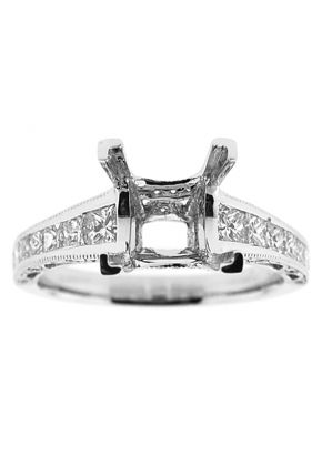4 Prong Semi-Mount Milgrain Engraved Engagement Ring with Channel Set Princess Cut Diamonds and Micro-Pav?? Set Round Diamonds in 18k White Gold
