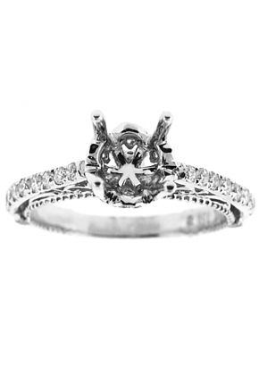 4 Prong Semi-Mount Milgrain Engraved Engagement Ring with Filigree Detail and Diamonds Set in 18k White Gold
