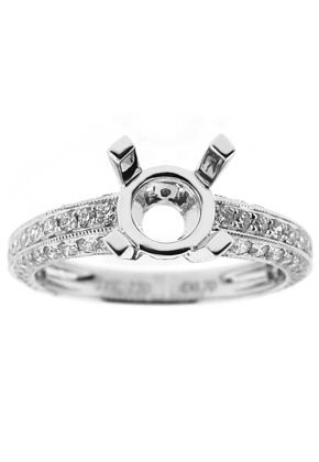 Semi-Mount Three Side Engagement Ring with Pav?? Set Diamonds Bordered by Beaded Milgrain in 18k White Gold
